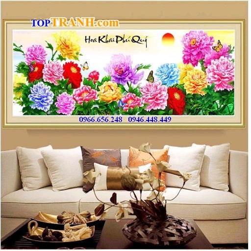 Tranh thêu hoa mẫu đơn 2m